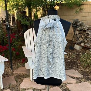 Ann Taylor Silk Ruffle Front sleeveless Tank with Black polka dots